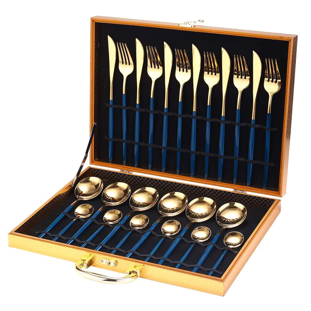 24pcs Gold Dinnerware Set Stainless Steel Tableware Set Knife Fork Spoon Luxury Cutlery Set Gift Box Flatware Dishwasher Safe