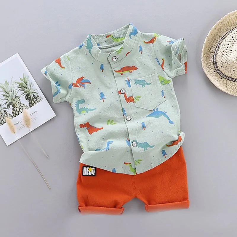 2021 Cartoon Dinosaur Print Toddler Boy Summer Set: Shirt + Pants