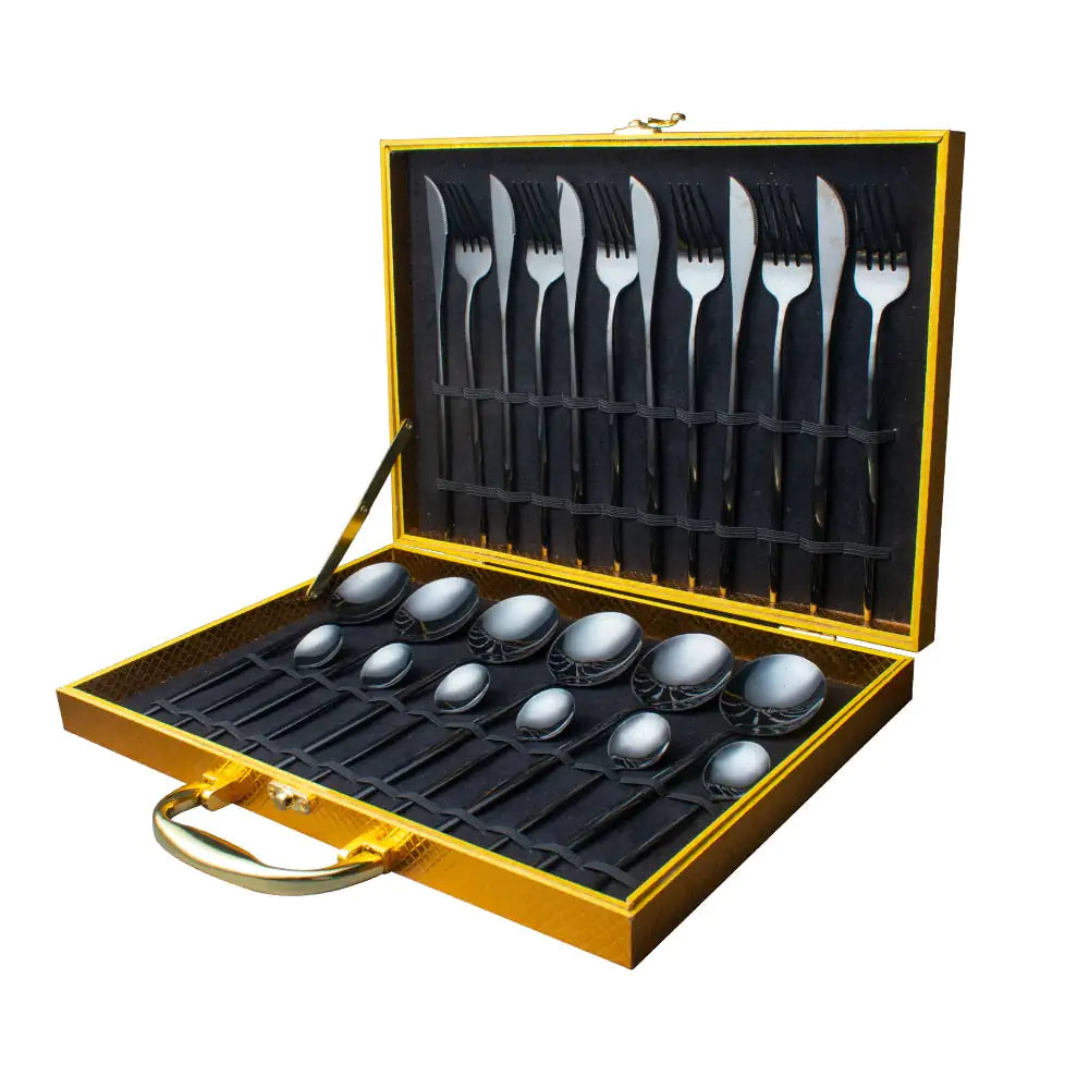 24pcs Gold Dinnerware Set Stainless Steel Tableware Set Knife Fork Spoon Luxury Cutlery Set Gift Box Flatware Dishwasher Safe