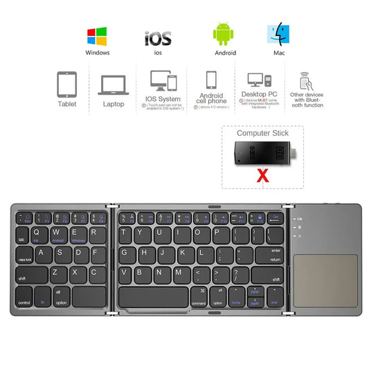 B033 Mini Bluetooth Folding Keyboard with Touchpad - Compatible with Windows, Android, iOS Tablets and Phones