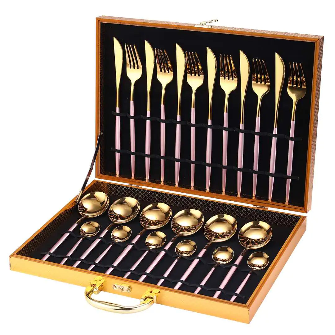 24pcs Gold Dinnerware Set Stainless Steel Tableware Set Knife Fork Spoon Luxury Cutlery Set Gift Box Flatware Dishwasher Safe