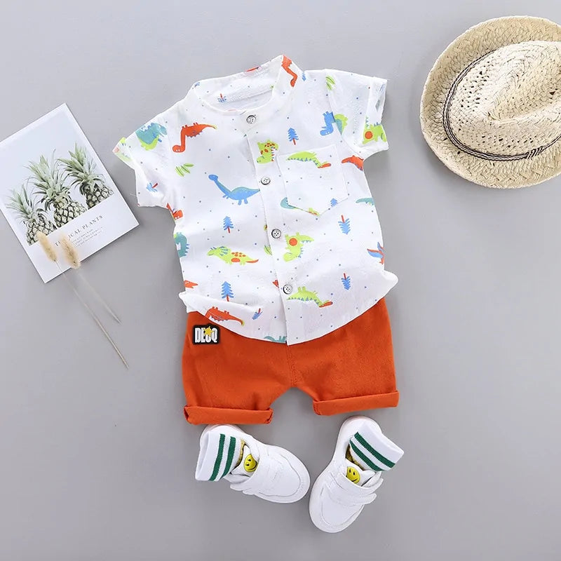 2021 Cartoon Dinosaur Print Toddler Boy Summer Set: Shirt + Pants